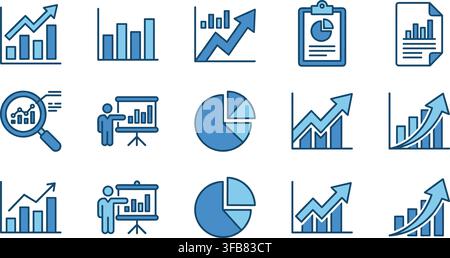 Business analytics data chart icon set with professional blue graphs and report visuals for corporate growth reporting. Stock Vector