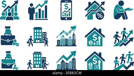 Business and finance growth concepts set with teal and dark blue icons representing various economic activities. Stock Vector