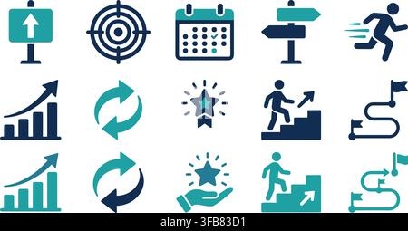 Business growth and planning icon set in turquoise and dark blue colors representing corporate strategy and success. Stock Vector
