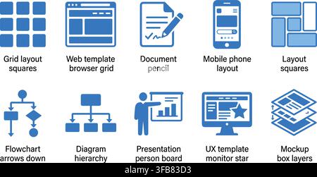 Blue grid layout squares and web browser grid templates for UI design and mobile app interfaces. Stock Vector