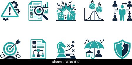 Business process management icons set featuring cyan teal and dark blue colors for corporate strategic planning tasks. Stock Vector