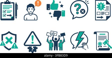 Business conflict resolution and dispute management vector icons set featuring stress anger warning and legal symbols. Stock Vector