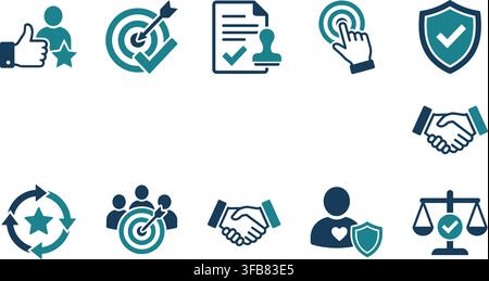 Business and user interaction vector icons with success rating and legal compliance for customer satisfaction. Stock Vector