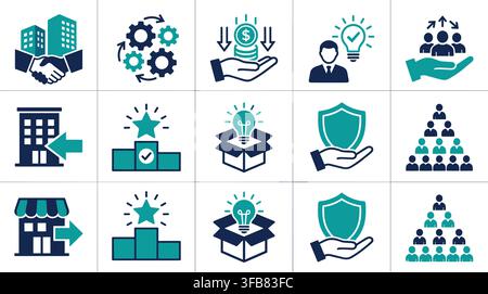 Business and corporate management icon collection featuring teal and dark blue minimalist vector office graphic designs. Stock Vector