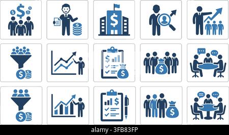 Business management finance icons in blue tones presenting charts target audience and meeting room discussions vectors. Stock Vector