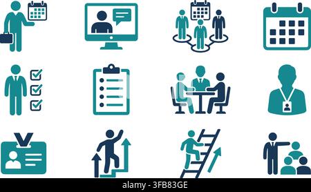 Business management icons set features corporate professional characters calendar planning and project workflow elements. Stock Vector