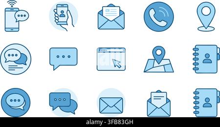 Business communication icons in blue flat style containing phone message website map and address book for web design. Stock Vector