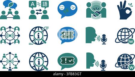 Communication and networking icons pack highlights speech bubbles global information exchange and language translation tools. Stock Vector
