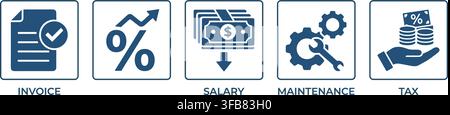 Business accounting icons inside square frames for invoice tracking salary payments maintenance costs and tax files. Stock Vector