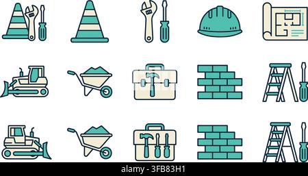 Construction and manual labor tool icon set in pale cream and teal outlines for architectural building industry. Stock Vector