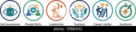 Business and career icons for self-awareness, leadership, and success with guidance compass on transparent background. Stock Vector
