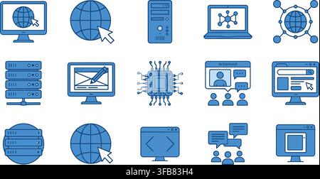 Computer network and database icons set with blue internet server symbols for webinar streaming and digital technology. Stock Vector