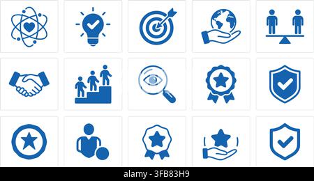 Core values and ethics icons set with balance scale target globe idea award shield search handshake blue pictograms pack. Stock Vector