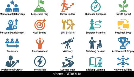Business professional growth and mentoring icon set featuring blue orange and green flat designs for career development. Stock Vector