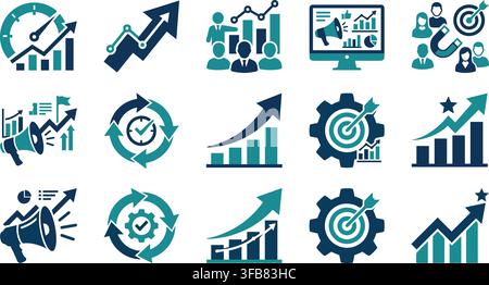 Business growth and data analysis infographic icons in teal and dark blue for financial progress and performance tracking. Stock Vector