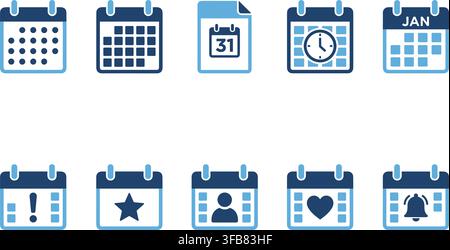 Calendar vector icon set features flat style design in shades of blue on a transparent background, depicting various dates. Stock Vector