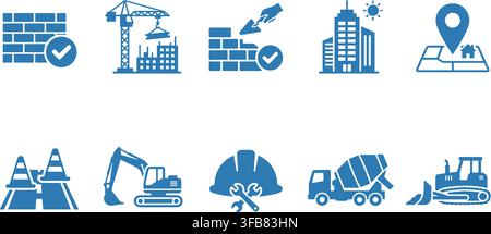 Construction industry equipment icons set featuring blue building machinery tools and infrastructure development. Stock Vector