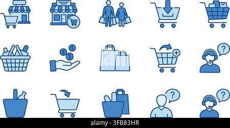 Blue grocery retail and consumer shopping icons depicting store fronts paper bags and baskets for local commerce branding. Stock Vector
