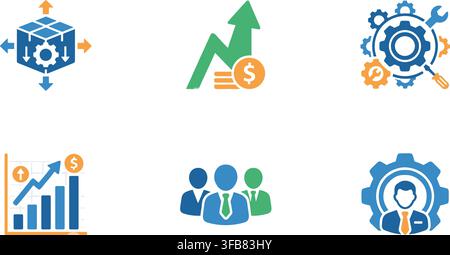 Colorful business growth and process management icons showing gear systems charts and teamwork strategic developments. Stock Vector