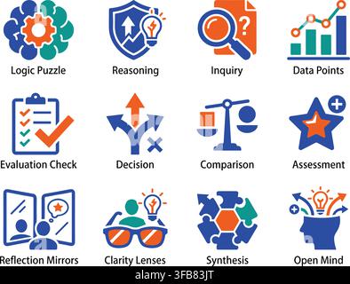 Critical thinking and cognitive process icon set with colorful brain and logic symbols for academic educational use. Stock Vector
