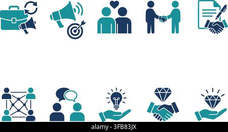Corporate partnership icons set featuring blue professional collaboration networking and successful business deals. Stock Vector