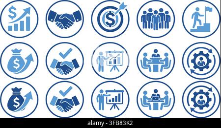 Business management icons collection with handshake deal target chart meeting presentation partnership glyph pictogram. Stock Vector