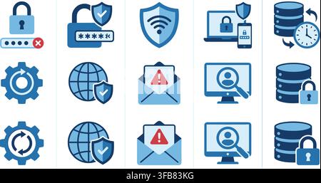 Cyber security icons with locks and shields for digital protection and data safety on a transparent background. Stock Vector