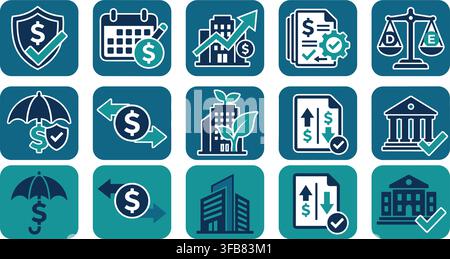 Corporate finance and sustainable banking icons illustrating green investment wealth protection and economic balance. Stock Vector