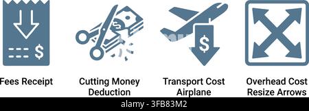 Business expense and financial cost vector icons in teal with descriptive text, useful for accounting software. Stock Vector