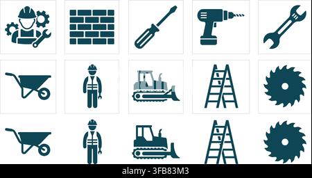 Construction and building tools monochrome dark blue icons for industrial safety manual and hardware store branding. Stock Vector