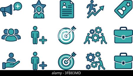 Business employment line icons in turquoise and dark blue featuring recruitment marketing and human resource concepts. Stock Vector