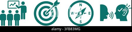Corporate business training and leadership strategy icons set featuring target compass listening profile teal symbols. Stock Vector