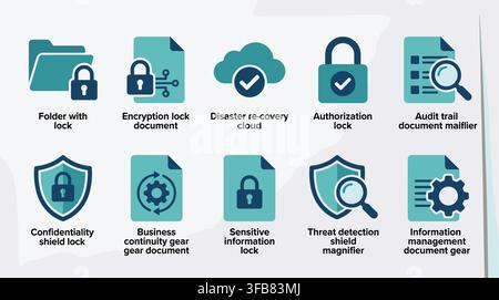 Data security and information management teal icons symbolizing protection, privacy, and organizational processes. Stock Vector