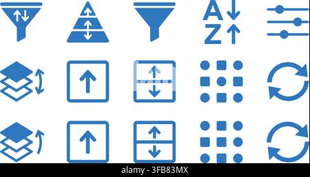 Data management and user interface filter icon set in blue color for software development and website navigation layout. Stock Vector