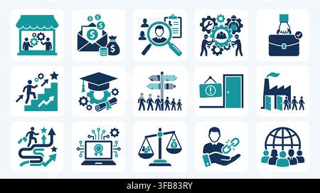 Business icons set for startup growth, investment, team building, and project management processes. Stock Vector