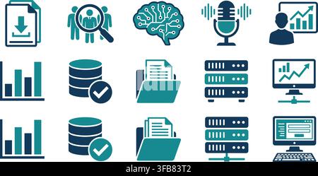 Data management icons set featuring dark blue and teal graphical elements for analytical business and digital projects. Stock Vector
