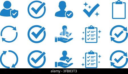 Customer service approval icons set featuring blue checkmark symbols for verified user profile and satisfaction workflow. Stock Vector