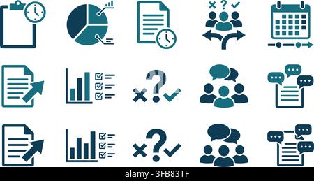 Data analysis and management concepts set with teal and dark blue icons representing various business processes. Stock Vector