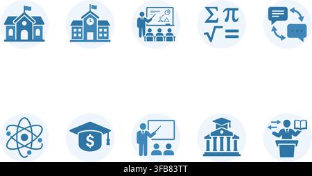 Education and learning related icons vector set in blue for school, university, and academic presentations. Stock Vector