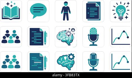 Educational research and communication icons with book document brain lightbulb microphone and data chart visuals. Stock Vector