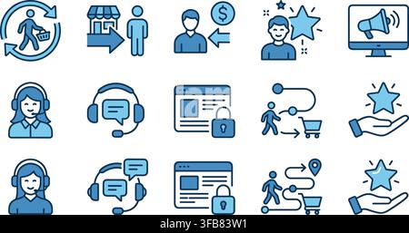 Customer journey icons set featuring blue graphic interface elements designed for sales optimization and marketing strategy. Stock Vector