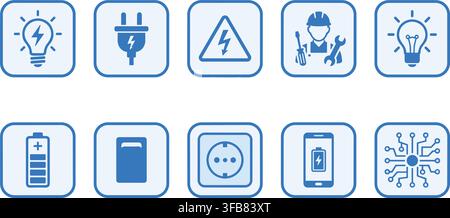 Electrical and energy icons collection featuring light bulbs and power plugs for industrial safety and maintenance works. Stock Vector