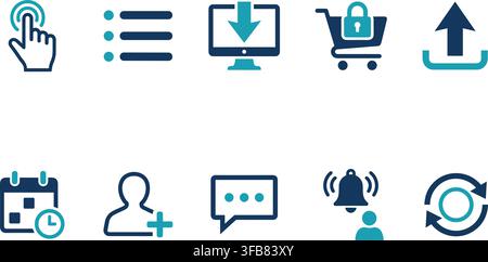 Ecommerce and communication interface icons including shopping carts download monitors and user profile notification bells. Stock Vector