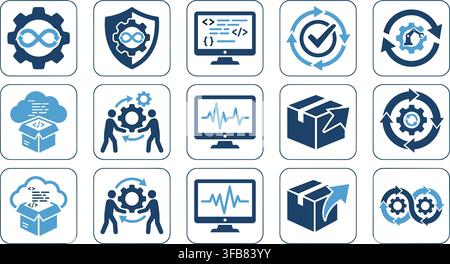 Devops development and software engineering process icons in blue square frames for system automation and cloud. Stock Vector