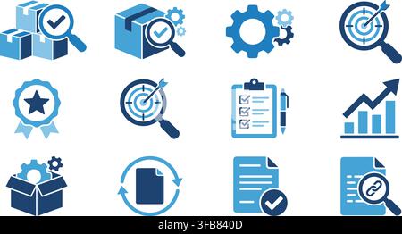 Business processes control flat icons set with dark and light blue colors for workflow monitoring and quality control. Stock Vector