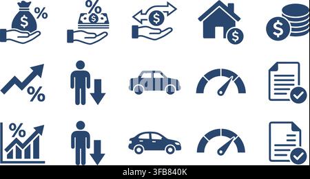 Finance icon set with blue minimalist symbols for business planning loan services tax calculation and interest rate. Stock Vector