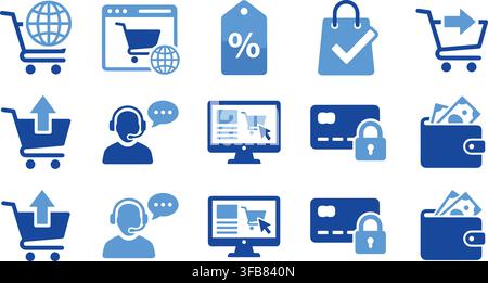 E-commerce shopping icons showcasing blue carts wallet payment security and customer support for online retail business apps. Stock Vector