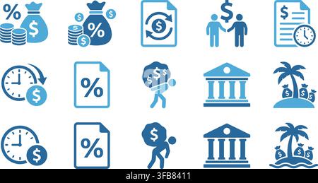 Financial banking icons in blue tones for debt management savings security investment planning and retirement fund. Stock Vector