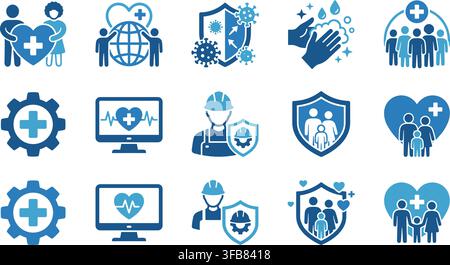 Healthcare public hygiene and occupational safety icon set featuring blue symbols for virus protection and worker care. Stock Vector