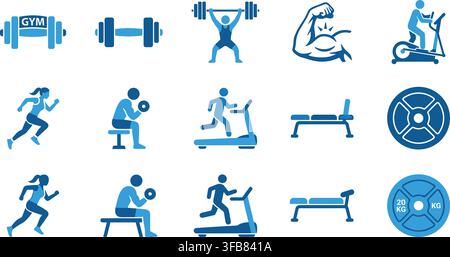 Gym and fitness training icons collection with blue color scheme for workout tracking apps and sports facility signage. Stock Vector